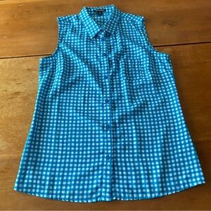 Blue and White Checkered Gingham Sleeveless Button-up Shirt Summer Picnic Preppy